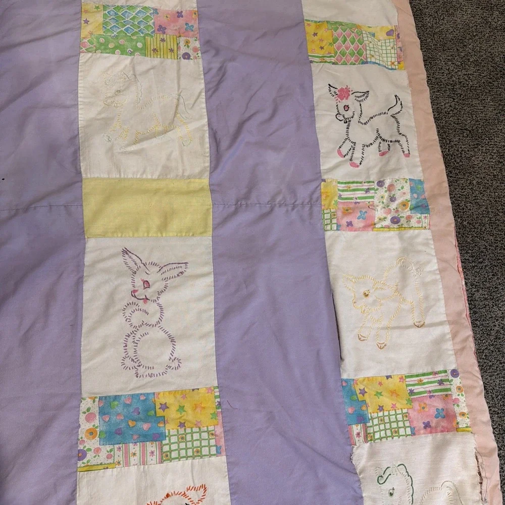 Vintage Handmade Embroidered‎ Baby Quilt